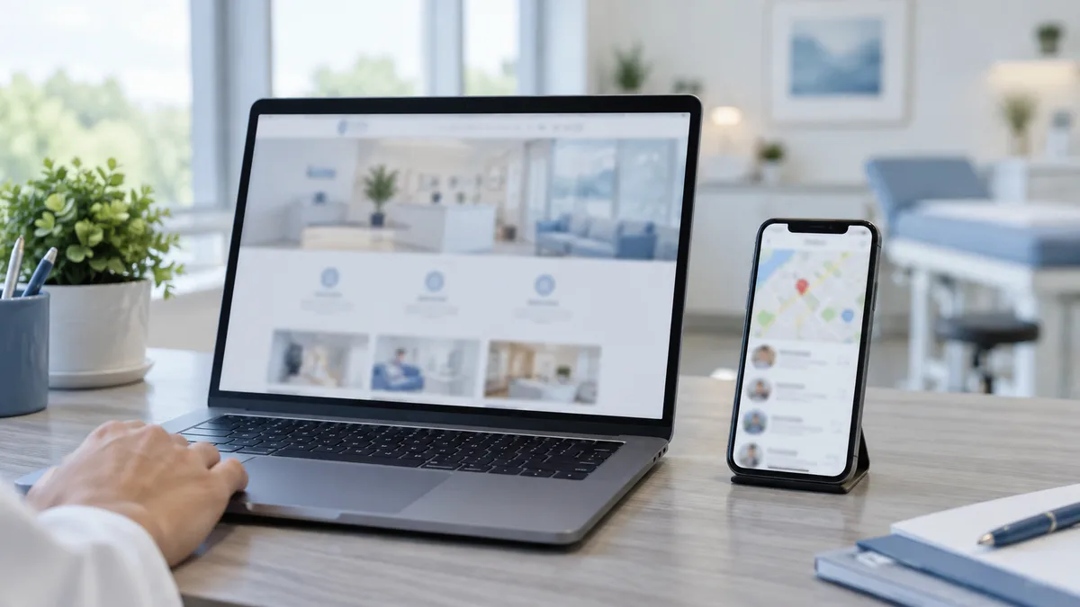 Ekran laptopa z otwartą stroną gabinetu obok telefonu z wizytówką Google