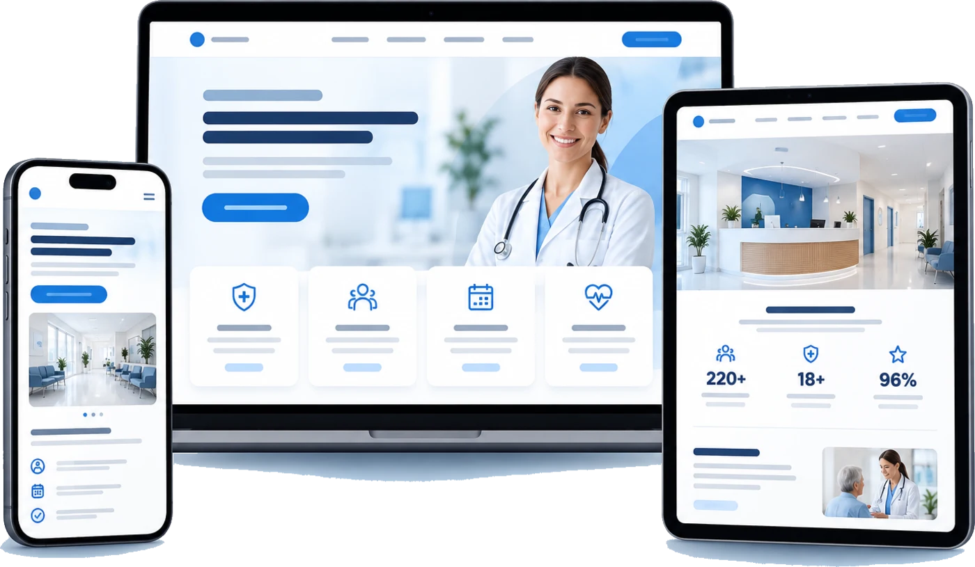 Strona gabinetu medycznego na komputerze, tablecie i telefonie