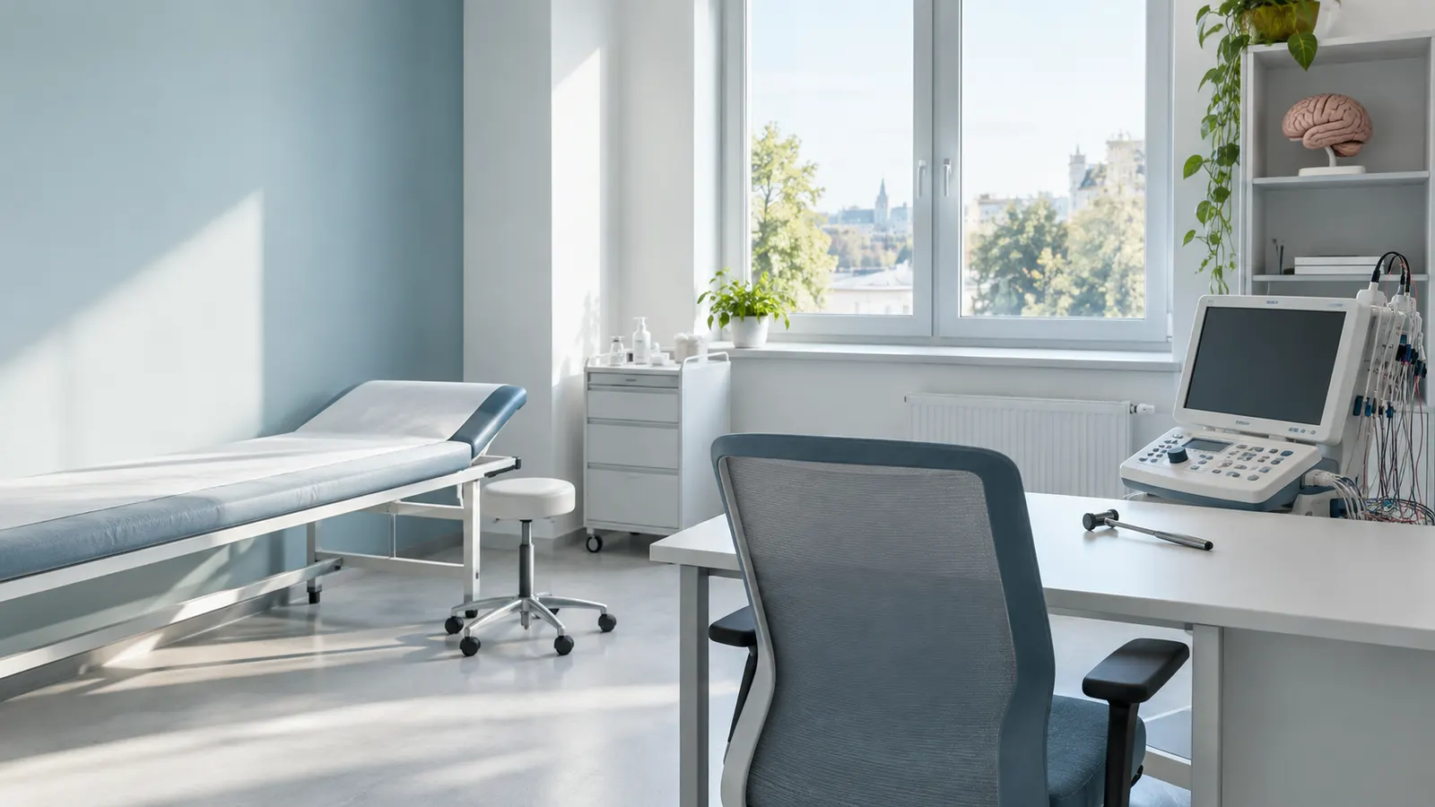 Gabinet neurologiczny z aparaturą do badań i stanowiskiem lekarza.